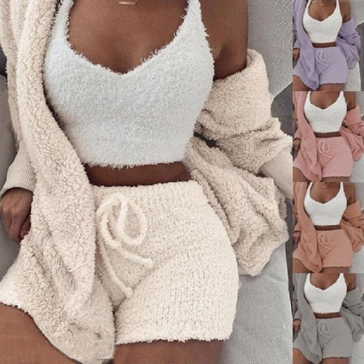 3pcs Womens Clothing Long Sleeve Crop Tank Top And Drawstring Shorts Pajama Set - Image 2