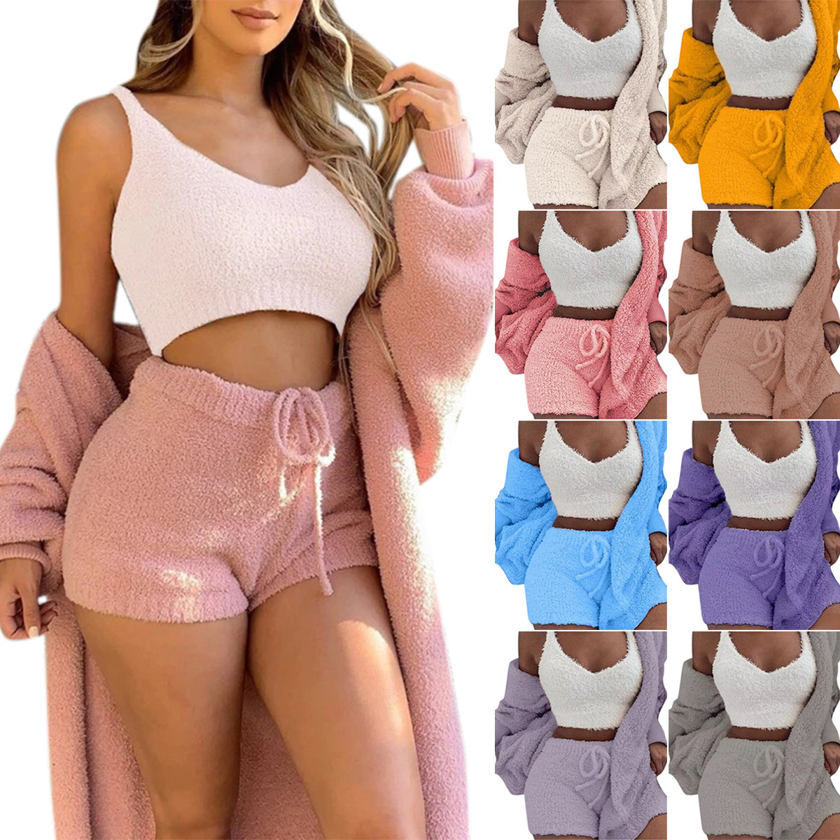 3pcs Womens Clothing Long Sleeve Crop Tank Top And Drawstring Shorts Pajama Set - Image 8
